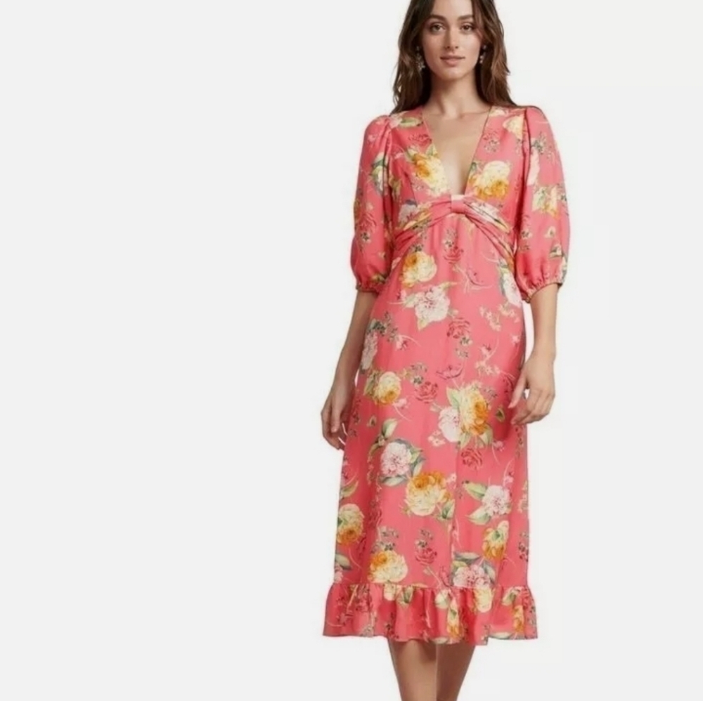 Ever New Melbourne Cartier‎ Linen Blend Midi Dress 3/4 Puff Sleeve  Size 0
